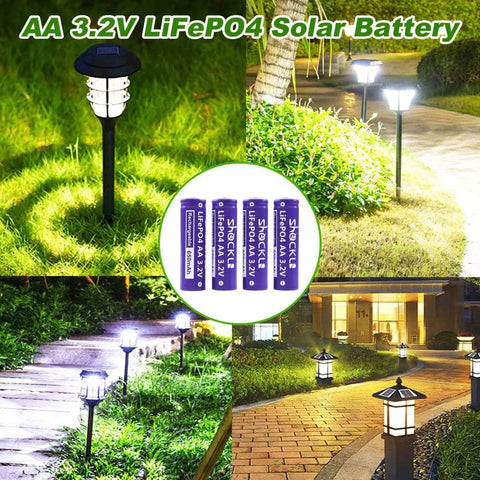 4 Pack AA 3.2V LiFePo4 650mAh Solar Rechargeable Batteries For Garden Lights Long Lasting Power Safe Lithium Iron Phosphate Cells Ideal Replacement For Solar Outdoor Lighting And Path Lights shown powering garden lights at night