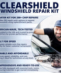 Clearshield Windshield Repair Kit display with technician using Pro Grade Windshield Repair Kit for Chips, Cracks, and Scratches.