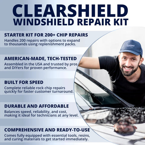 Clearshield Windshield Repair Kit display with technician using Pro Grade Windshield Repair Kit for Chips, Cracks, and Scratches.