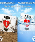 Front view: 2-pack 6x6 inch acrylic AED signs with down-arrow, pre-drilled holes and screws for office use