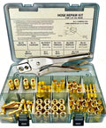 Front view of 58PCS Hose Repair Kit in a clear case; brass fittings and a crimping tool for 1/4 in ID air/torch hoses.