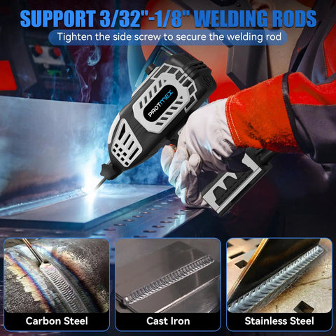 Portable Handheld Welder 110V IGBT Inverter with ARC gun welding on metal surface with options for carbon steel, cast iron, stainless steel.