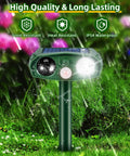 Ultrasonic Outdoor Animal Deterrent With Motion Sensor For Cats Squirrels And Other Critters Solar Powered Yard Shield Garden Repellent Waterproof Pest Defense Stake shown in garden with green waterproof design.