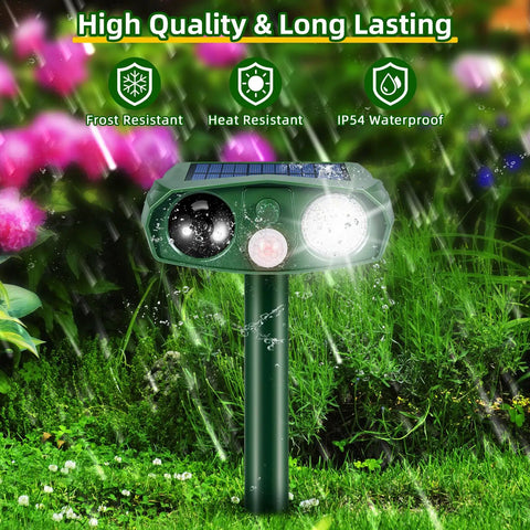 Ultrasonic Outdoor Animal Deterrent With Motion Sensor For Cats Squirrels And Other Critters Solar Powered Yard Shield Garden Repellent Waterproof Pest Defense Stake shown in garden with green waterproof design.