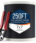 One Eighth Inch T316 Stainless Steel Aircraft Cable For Deck Railing, Seven By Seven Strand Core, 450 Feet, Includes Cutter, Marine Grade Wire Rope Built To Last In Saltwater And Rough Weather, spool and cutter