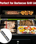 Open BBQ grill with various meats and vegetables, inset shows Six Pcs Weld On Bullet Barrel Hinges For BBQ Smoker Carbon Steel Heavy Duty Weldable Hinges Four Inch.