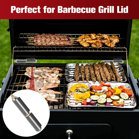 Open BBQ grill with various meats and vegetables, inset shows Six Pcs Weld On Bullet Barrel Hinges For BBQ Smoker Carbon Steel Heavy Duty Weldable Hinges Four Inch.