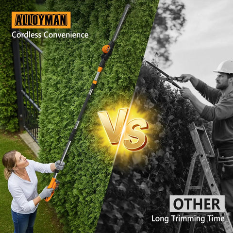 Woman using 20V Cordless Pole Hedge Trimmer With Two 4.0Ah Batteries And Charger, 9 Foot Reach, 16 Inch Dual Action Steel Blades