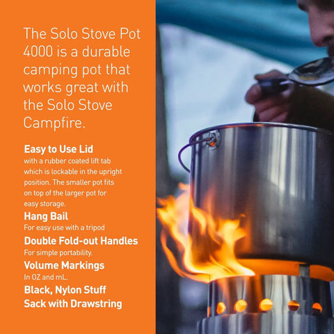 Pot 4000 Stainless Steel Camping Pot for Outdoor Cooking with flames, foldable handles, and text description on side