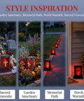 Candles illuminating a memorial path, styled with sacred gravesite and porch warmth inspiration.