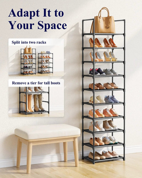 Tall 10-Tier Shoe Organizer With Detachable Fabric Shelves And Metal Frame For Closet Entryway And Living Room with shoes