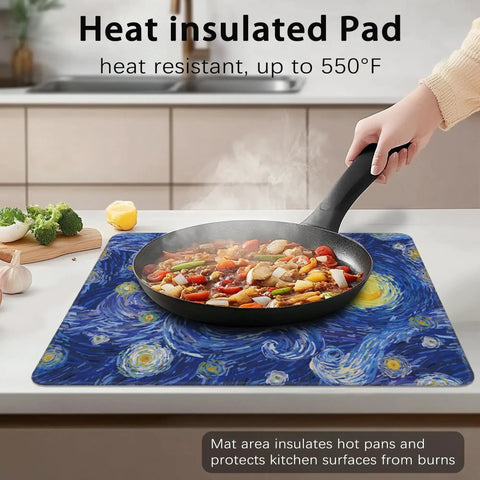 Abstract Blue Glowing Moon Stove Top Cover Protector with hot pan on ceramic mat on kitchen counter