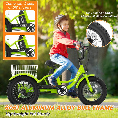 Kid Friendly 16 Inch Three Wheel Electric Tricycle For Beginners Youth Ebike With Fat 16 By 3 Inch Tires Disc Brakes Easy Start Stable Smooth Ride Up To 12 MPH Perfect For Neighborhood Rides And Park Fun, child riding green tricycle