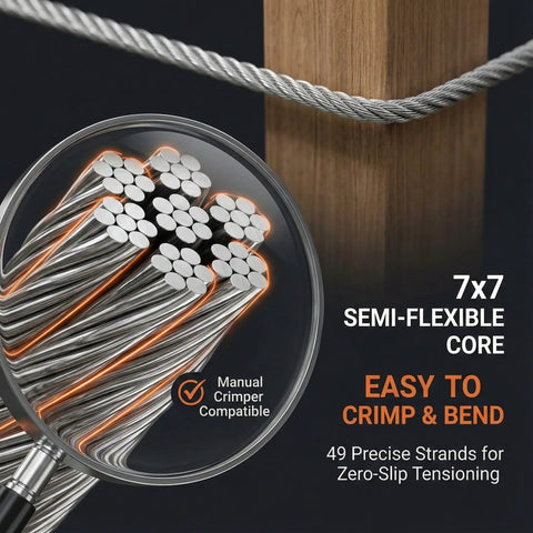 Close-up of Beefy 100 Foot One Eighth Inch T316 Stainless Steel Wire Cable With Cutter 7x7 strands, crimpable and bendable.