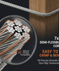 Close-up of One Eighth Inch 400 Foot T316 Marine Grade Stainless Steel Wire Rope with 7x7 strand core under magnification.