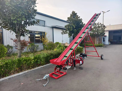 7HP Gas Powered Firewood Conveyor 18FT Long Log Conveyor With Hydraulic Adjustable Height And PVC Anti Slip Belt outdoors