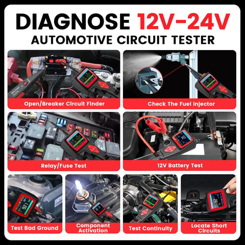 Collage image showing Pro Grade Power Circuit Probe Kit For Cars With Oscilloscope Mode 9 To 30V Range Automotive Circuit Tester.