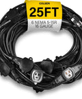 Super Versatile Heavy Duty 25 Ft Extension Cord Featuring 6 Multiple Outlets 16 Gauge 15 Amp in Black, coiled view