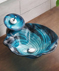 Bathroom Vessel Sink,Flower Shape Blue Vanity Sink Bowl,Countertop Tempered Glass Vessel Sink Combo For Bathrooms with waterfall faucet.