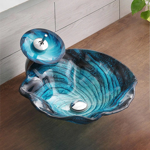 Bathroom Vessel Sink,Flower Shape Blue Vanity Sink Bowl,Countertop Tempered Glass Vessel Sink Combo For Bathrooms with waterfall faucet.