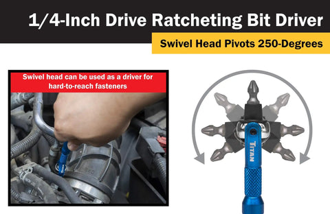 Compact One Quarter Inch Drive Swivel Head Micro Ratcheting Bit Driver With Ninety Tooth Mechanism in use on car engine