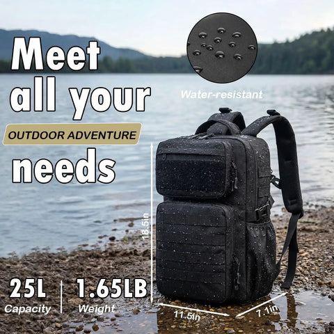 Rugged Military Tactical Backpack For Men With MOLLE Webbing, water bottle holder, 25L capacity on lakeside