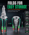 Heavy Duty 16 In 1 Foldable Wire Stripper With Integrated Voltage Tester Crimping Pliers And Screw Cutter folded for easy storage.