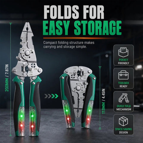 Heavy Duty 16 In 1 Foldable Wire Stripper With Integrated Voltage Tester Crimping Pliers And Screw Cutter folded for easy storage.