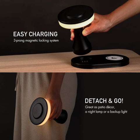 Rechargeable LED Table Lamp With Wireless Charging Pad Dimmable Night Light in hand, showing magnetic docking system.