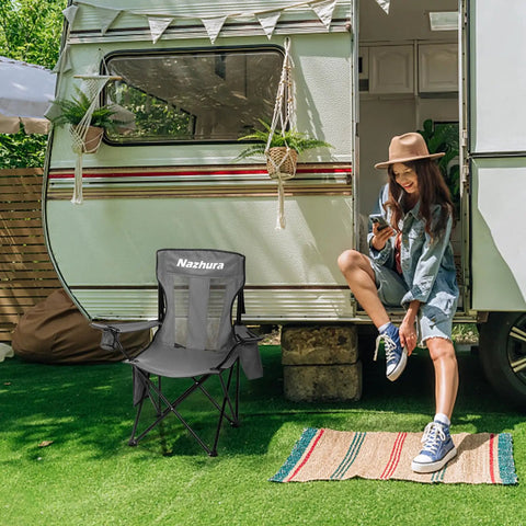 2 Pack Foldable Outdoor Camping Chairs With Built In Cooler Pouch Ultra Comfy Cushioned Seats Mesh Backrest And Cup Holder Pocket In Grey near a camper.