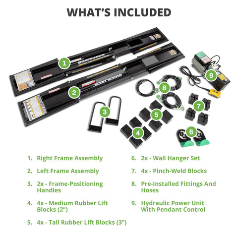 Image showing components of 6000TLX Portable Car Lift Bundle with Pinch Weld Blocks and Wall Hangers ALI Certified 110V Power Unit