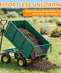 4-In-1 Steel Utility Cart With 880 Lb Capacity, Heavy Duty Dump Wagon with mesh sides unloading soil in a garden.