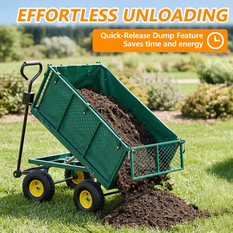 4-In-1 Steel Utility Cart With 880 Lb Capacity, Heavy Duty Dump Wagon with mesh sides unloading soil in a garden.