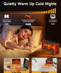 Woman sleeping next to Cozy 600W Realistic Flame Space Heater For Desk And Home Office Fast Heat Portable Mini Electric Heater