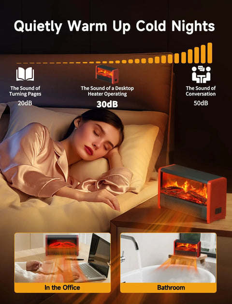 Woman sleeping next to Cozy 600W Realistic Flame Space Heater For Desk And Home Office Fast Heat Portable Mini Electric Heater