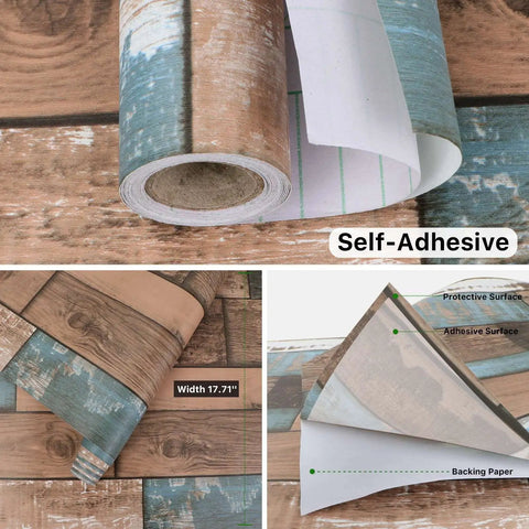 Faux Wood Peel And Stick Wallpaper For DIY Projects shown rolled with adhesive backing and width measurement, shiplap texture