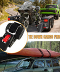 Heavy Duty 1 Inch By 12 Foot Retractable Ratchet Straps With 1760 Pound Break Strength Cargo Tie Downs For Motorcycle Jetski Kayak, 2 Pack Black All Weather shown securing a motorcycle and kayak.