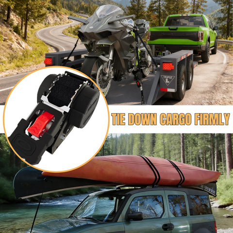 Heavy Duty 1 Inch By 12 Foot Retractable Ratchet Straps With 1760 Pound Break Strength Cargo Tie Downs For Motorcycle Jetski Kayak, 2 Pack Black All Weather shown securing a motorcycle and kayak.