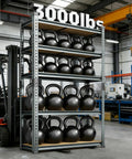 Extra Wide Heavy Duty Garage Shelving 3000 LB 5 Tier Metal Storage Rack with kettlebells in a workshop.