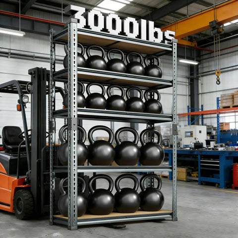 Extra Wide Heavy Duty Garage Shelving 3000 LB 5 Tier Metal Storage Rack with kettlebells in a workshop.