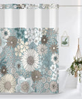 No Hook Shower Curtain With See Through Mesh Light Blue Boho Flower Floral Fabric Bath Curtain Single Layer Easy Install 71 By 74 Inches Breathable See Through Mesh Lets Light In And Keeps Water Contained