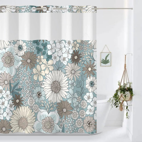 No Hook Shower Curtain With See Through Mesh Light Blue Boho Flower Floral Fabric Bath Curtain Single Layer Easy Install 71 By 74 Inches Breathable See Through Mesh Lets Light In And Keeps Water Contained