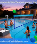 Pool Volleyball Net Set With LED Lights And Solar Panel For Lit Nights By The Pool Adjustable 15 To 32Foot Length Inground Pools Outdoor Backyard Water Volleyball Game Toy For Parties installed in pool at night