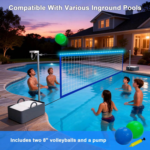 Pool Volleyball Net Set With LED Lights And Solar Panel For Lit Nights By The Pool Adjustable 15 To 32Foot Length Inground Pools Outdoor Backyard Water Volleyball Game Toy For Parties installed in pool at night