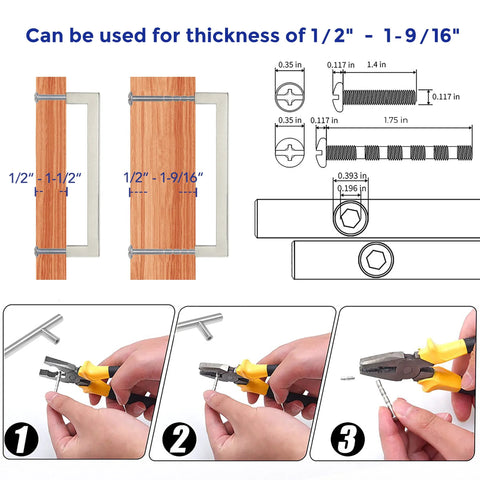 Ten Pack Six And A Quarter Inch Square Kitchen Cabinet Handles In Satin Nickel Finish with installation guide and tools shown