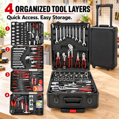 Top Shelf 899 Piece Rolling Toolbox Set With Four Deep Compartments For Tough Home Repairs Garage Mods Diy Fixes And Everyday Handyman Grindin In Sleek Black Finishing, showcasing organized tool layers.