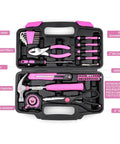 Open pink 40 piece home tool kit with carrying box showing tools for DIY home maintenance and woodworking, ideal for college students.