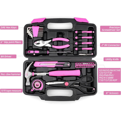 Open pink 40 piece home tool kit with carrying box showing tools for DIY home maintenance and woodworking, ideal for college students.