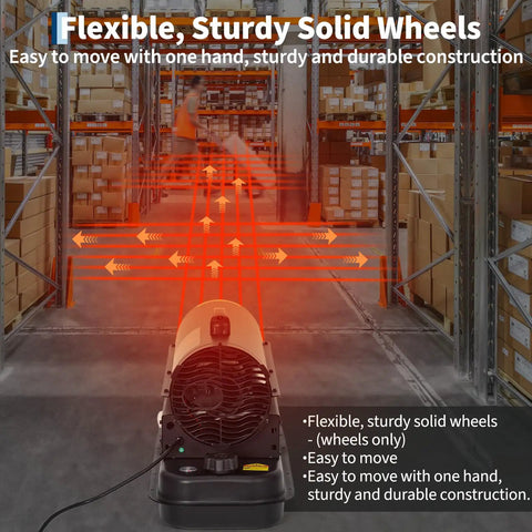 Pro Level 70000 Btu Kerosene And Diesel Forced Air Heater with sturdy wheels displayed in a warehouse setting.