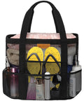 Mesh Beach Tote For Women With 8 Pockets And Inner Zipper Pocket, Waterproof Sandproof Beach Bag filled with beach items